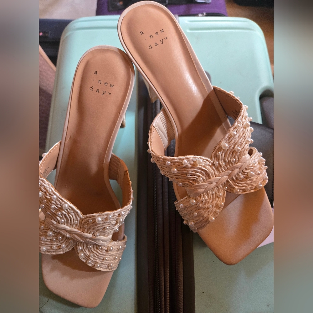 A New Day Women's Tan Pearl-Embellished Heels